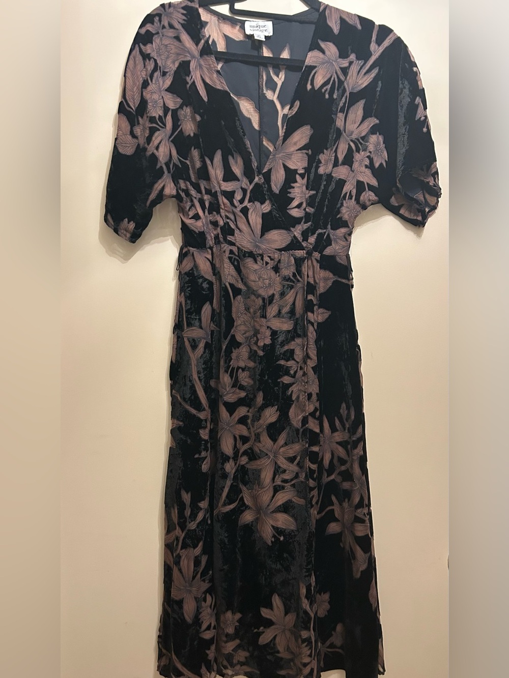 Unique Vintage Black Velvet Dress with Blush Floral Print
